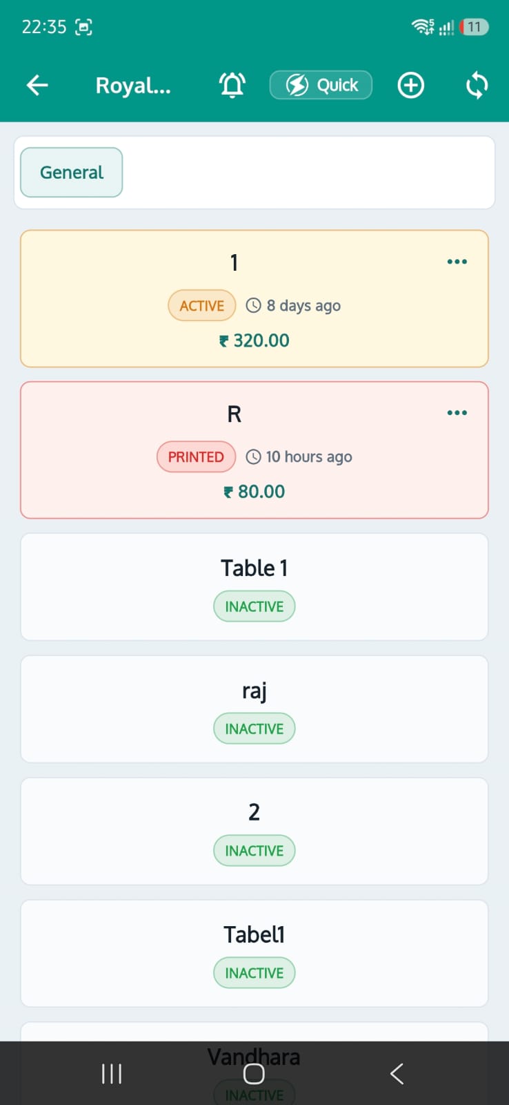 RoyalPOS Captain App showing active, printed and inactive tables