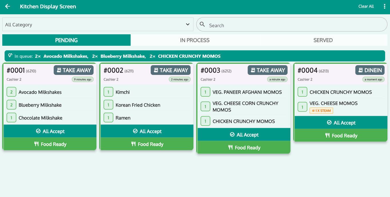 RoyalPOS Kitchen Display System showing live orders by table and order number on a kitchen screen