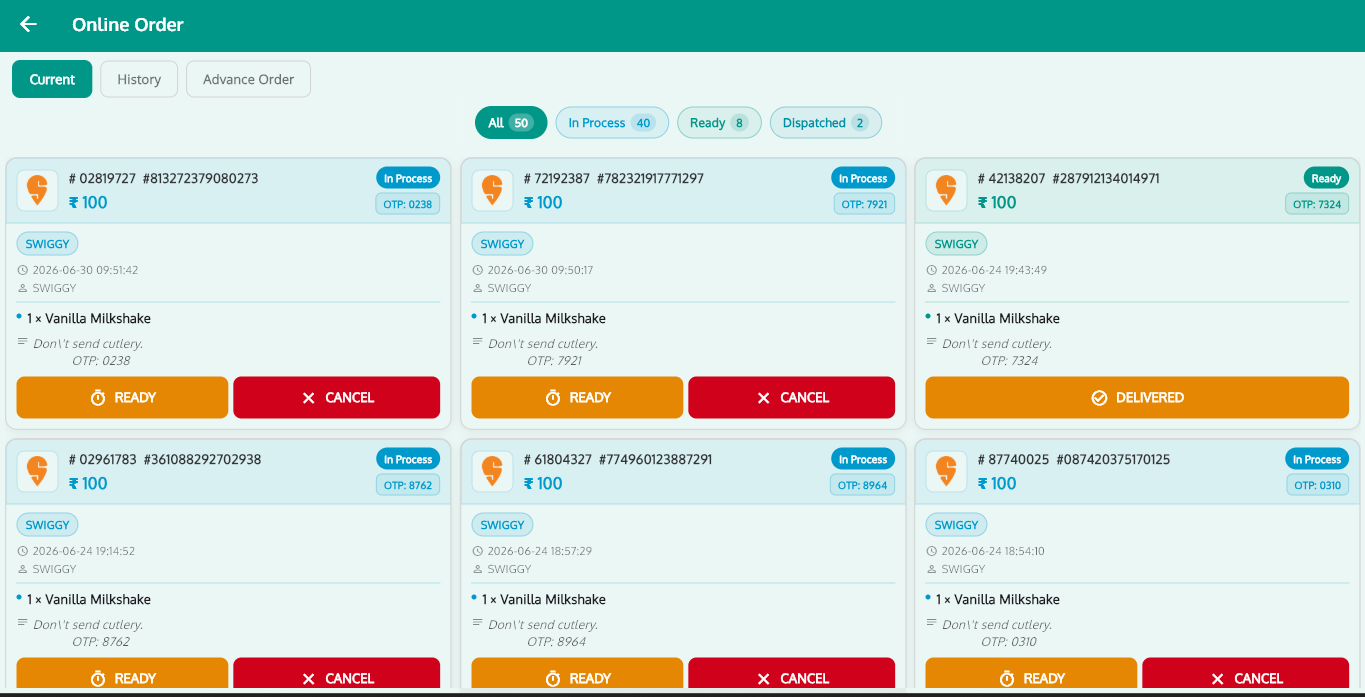 RoyalPOS online order screen managing live Swiggy delivery orders