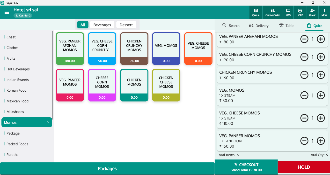 RoyalPOS billing screen on tablet with menu categories and running order